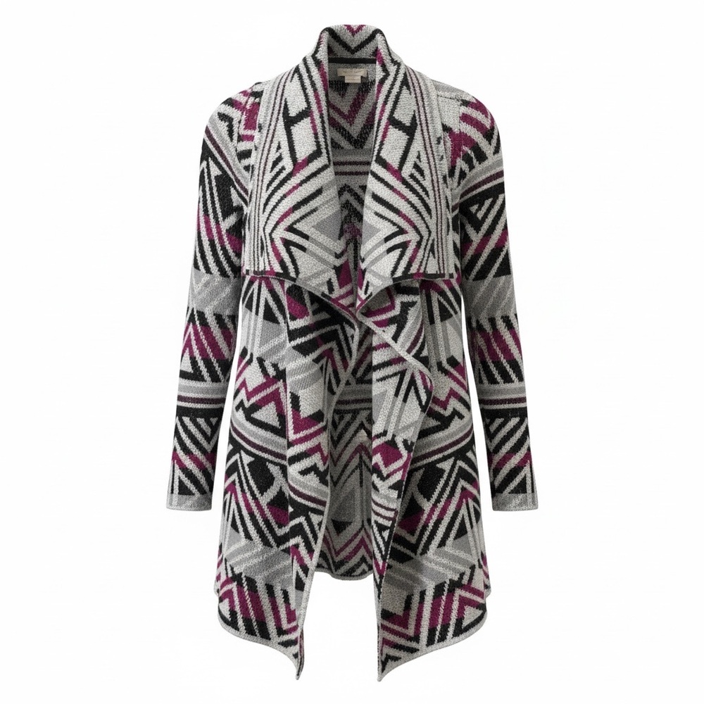 Lucky Brand‎ Intarsia Aztec Cardigan M Medium Open Front Drape Purple Gray